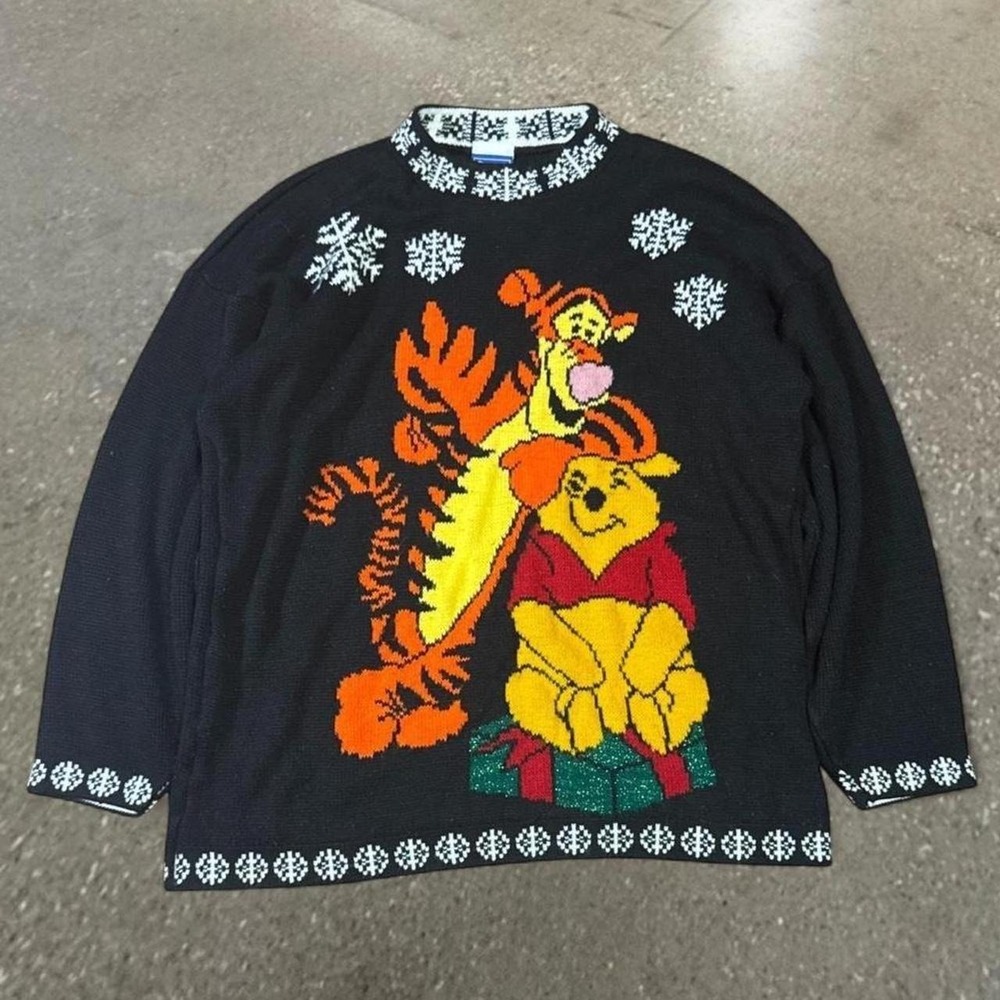 Vintage Disney Winnie the Pooh Tigger Christmas Sweater Black Women Medium